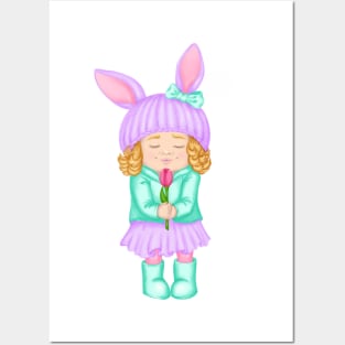 Baby girl in bunny hat and spring clothes with flower. Spring print Posters and Art